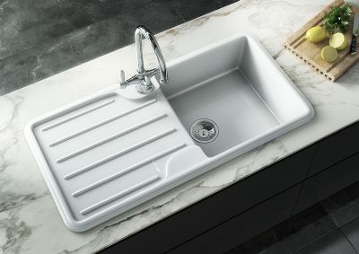 ELLSI COMITE TRADITIONAL GLOSS WHITE SINGLE BOWL & DRAINER INSET SINK, PDT-000464 ELLSI COMITE TRADITIONAL GLOSS WHITE SINGLE BOWL & DRAINER INSET SINK, PDT-000464