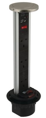 HAFELE VERTICAL POWERDOCK BLACK & ALUMINIUM with CHROME TOP COVER, IP54 RATED, 3 x 13 AMP SOCKETS, 2 x USB CONNECTORS, 822.71.222