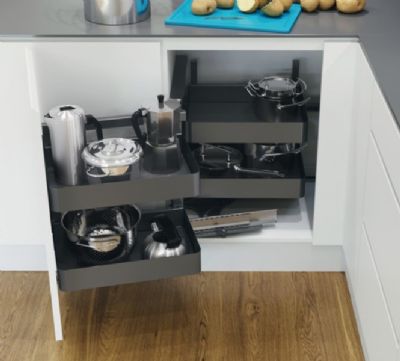 HAFELE VAUTH-SAGEL SWING OUT CORNER STORAGE PULL OUT SHELVING UNIT with PLANERO LAVA GREY BASKETS for 900/1000mm BASE/450-600mm DOOR L/H, 548.13.387