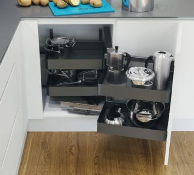 HAFELE VAUTH-SAGEL SWING OUT CORNER STORAGE PULL OUT SHELVING UNIT with PLANERO LAVA GREY BASKETS for 800mm BASE/400mm DOOR R/H, 548.13.384