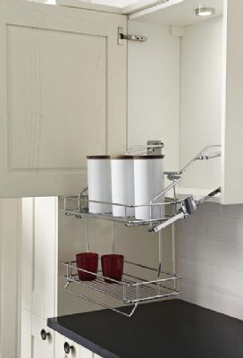 HAFELE CHROME 2-TIER GAS SPRING OPERTATED PULL DOWN BASKET SHELVES to suit 600mm WALL CABINET, 504.59.232