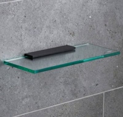 MILLER CLASSIC MATT BLACK BATHROOM 30cm STRAIGHT CLEAR GLASS SHELF, 810230/8102B