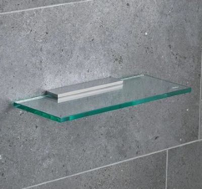 MILLER CLASSIC STAINLESS STEEL BATHROOM 30cm STRAIGHT CLEAR GLASS SHELF, 810230/8102BN