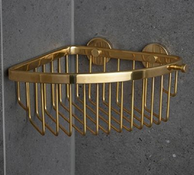 MILLER CLASSIC POLISHED UNTREATED BRASS BATHROOM GLUABLE CORNER BASKET with HOOK, 856MP/MPG1