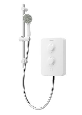 AQUALISA E2 WHITE & STAINLESS STEEL 9.5KW ELECTRIC SHOWER with 3 MODE HANDSET, E2W95