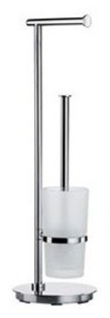 SMEDBO OUTLINE LITE POLISHED STAINLESS STEEL BATHROOM FREE STANDING ROUND TOILET ROLL HOLDER & FROSTED GLASS TOILET BRUSH HOLDER, FK607