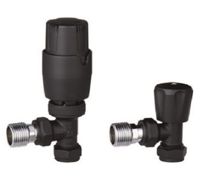 TAILORED THERMOSTATIC CONTROLLED BLACK ANGLED RADIATOR VALVES, 0200 (TB)