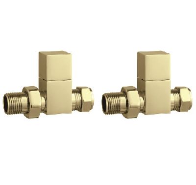 TAILORED CONTEMPORARY CUBIC SQUARE BRUSHED BRASS STRAIGHT RADIATOR VALVES, 0216 (TB)