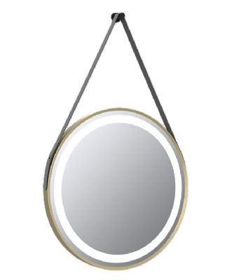 TAILORED DELILAH ORCA BRUSHED BRASS ILLUMINATED ROUND LED TOUCH CONTROL MIRROR with DEMISTER PAD & BLACK STRAP, 3060