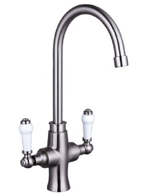 TRISEN RURA BRUSHED NICKEL TRADITIONAL DUAL LEVER SWAN NECK KITCHEN MONO SINK MIXER TAP with SWIVEL SPOUT, TK002BN **SPECIAL OFFER**