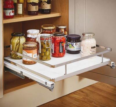HAFELE 400mm CHROME/WHITE SOFT CLOSING FULL EXTENSION PULL OUT STORAGE BASKET SET, 540.03.703
