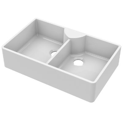 NUIE WHITE BUTLER DOUBLE BOWL CERAMIC SINK with STEPPED WEIR, TAP LEDGE without OVERFLOW - W895 x D550 x H220mm, BU120AS36D (UF)