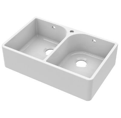 NUIE WHITE BUTLER DOUBLE BOWL CERAMIC SINK with FULL WEIR, TAP HOLE & OVERFLOW - W795 x D500 x H220mm, BU131AF32D (UF)