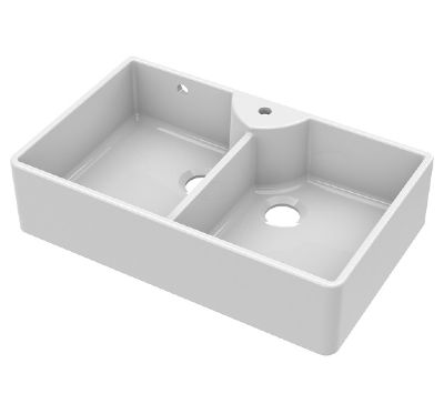 NUIE WHITE BUTLER DOUBLE BOWL CERAMIC SINK with STEPPED WEIR, TAP HOLE & OVERFLOW - W895 x D550 x H220mm, BU131AS36D (UF)