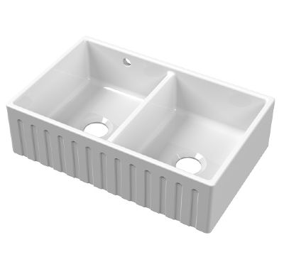 NUIE WHITE BUTLER DOUBLE BOWL CERAMIC SINK FLUTED/RIBBED, CENTRAL WASTE with STEPPED WEIR & OVERFLOW - W795 x D500 x H220mm, BUF111AS32D (UF)