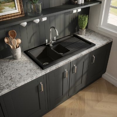NUIE COUNTER TOP/INSET MATT BLACK 1.5 BOWL CERAMIC SINK with REVERSIBLE DRAINER, CT415T1000 (UF) NUIE COUNTER TOP/INSET MATT BLACK 1.5 BOWL CERAMIC SINK with REVERSIBLE DRAINER, CT415T1000 (UF)