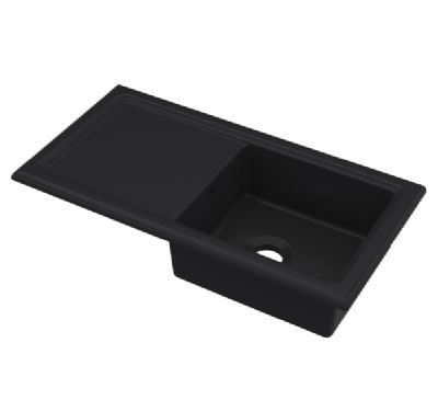 NUIE COUNTER TOP/INSET MATT BLACK SINGLE BOWL SINGLE DRAINER CERAMIC SINK with REVERSIBLE DRAINER, CT41TF1010 (UF)