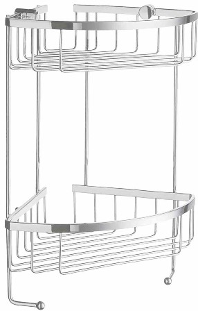 SMEDBO SIDELINE POLISHED CHROME BATHROOM DOUBLE CORNER BASKET with 2 HOOKS, DK2031
