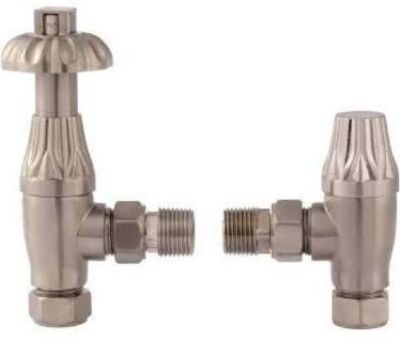 HUDSON REED OLD LONDON KNIGHTSBRIDGE SATIN NICKEL TRADITIONAL THERMOSTATIC ANGLED RADIATOR VALVE PACK with LOCKSHIELD, RV009 **SPECIAL OFFER**