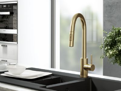 ELLSI CATO BRUSHED BRASS MONO SINGLE LEVER KITCHEN SINK MIXER TAP with PULL-OUT FLEXIBLE SPRAY, PDT-000455 ELLSI CATO BRUSHED BRASS MONO SINGLE LEVER KITCHEN SINK MIXER TAP with PULL-OUT FLEXIBLE SPRAY, PDT-000455