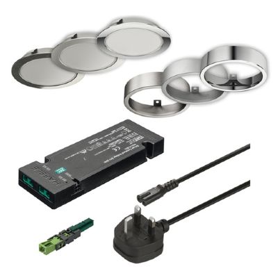 HAFELE STAINLESS STEEL COLOURED 3000 K/WARM WHITE Loox LED 3038, IP20/24v ROUND CABINET DOWNLIGHTS (3 x light set), 833.88.947